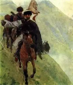 Иллюстрации Е.Е.Лансере к повести "Хаджи-Мурат". "Хаджи-Мурат с мюридами спускается с гор"