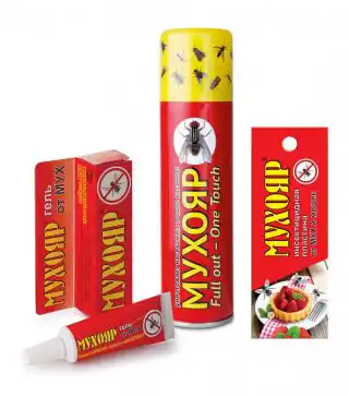 Линейка средств по борьбе с мухами «Мухояр»: гель, спрей и инсектицидная пластина